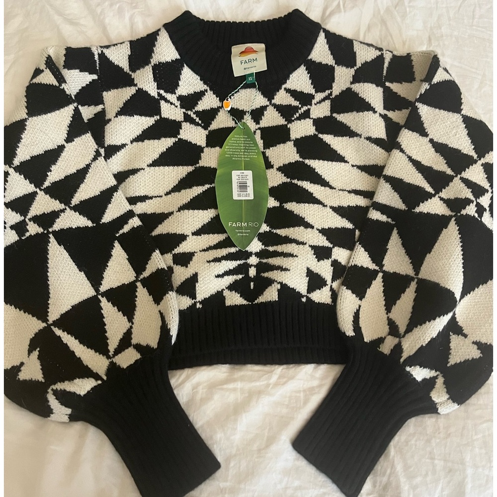 NWT Farm Rio Heart Deco Jacquard Balloon Sleeve Sweater Size XS